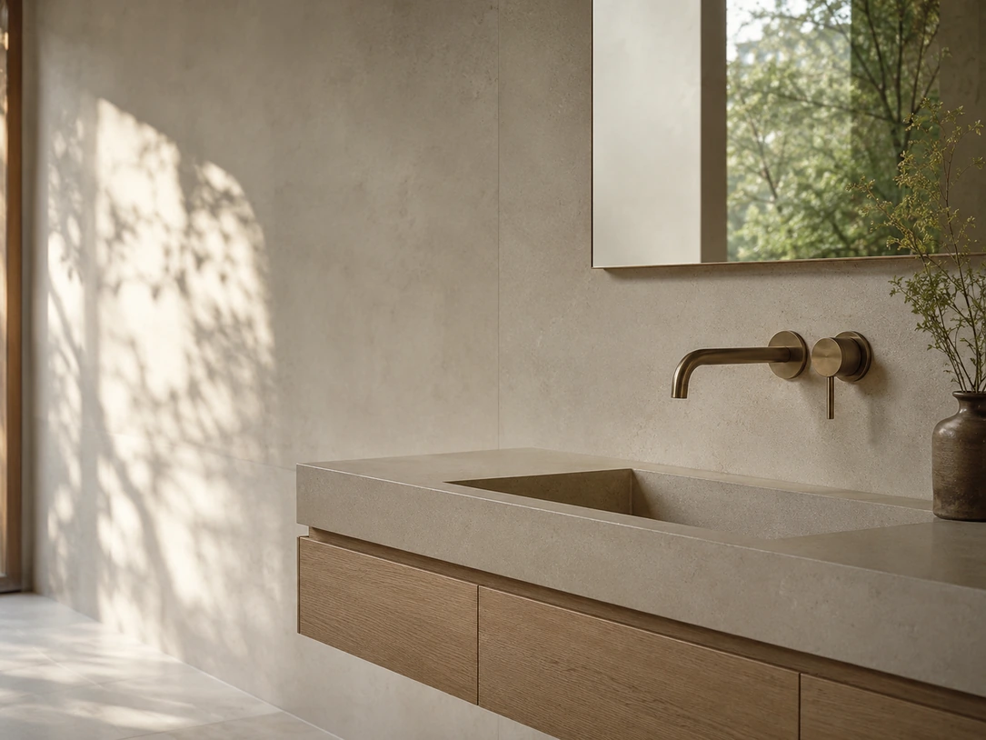 Wall mounted faucet over a stone basin in a sunlit bathroom