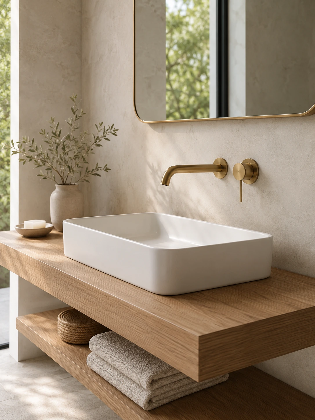 Brass wall mounted faucet over a white basin on a wood shelf