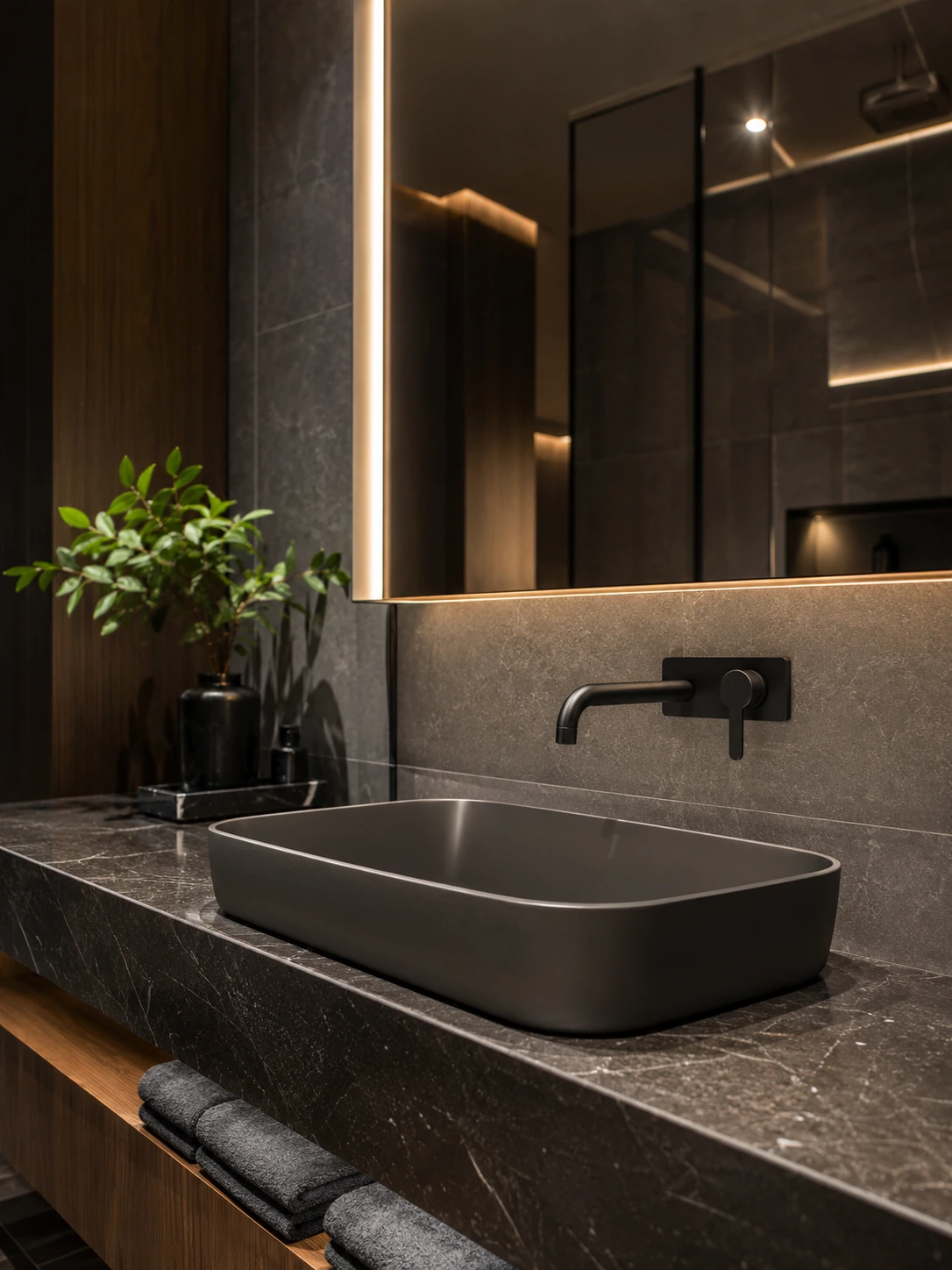 Black wall mounted faucet above a dark stone basin