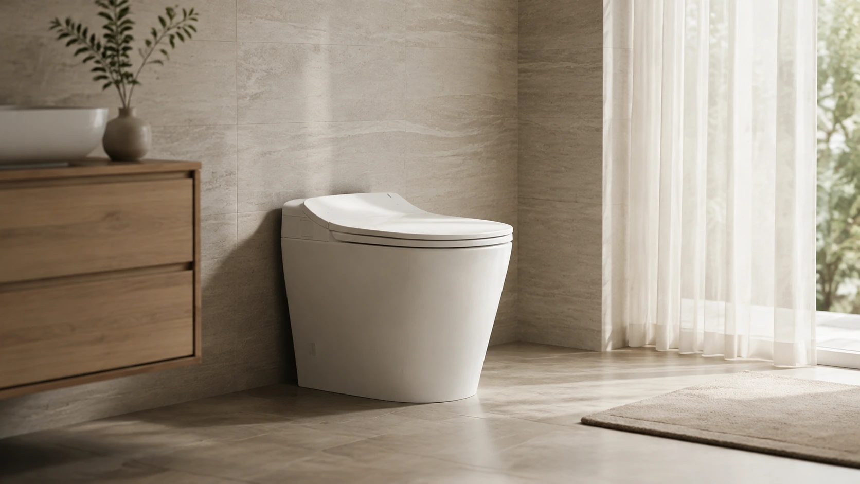 Wall-hung modern toilet beside an oak vanity in a bright bathroom
