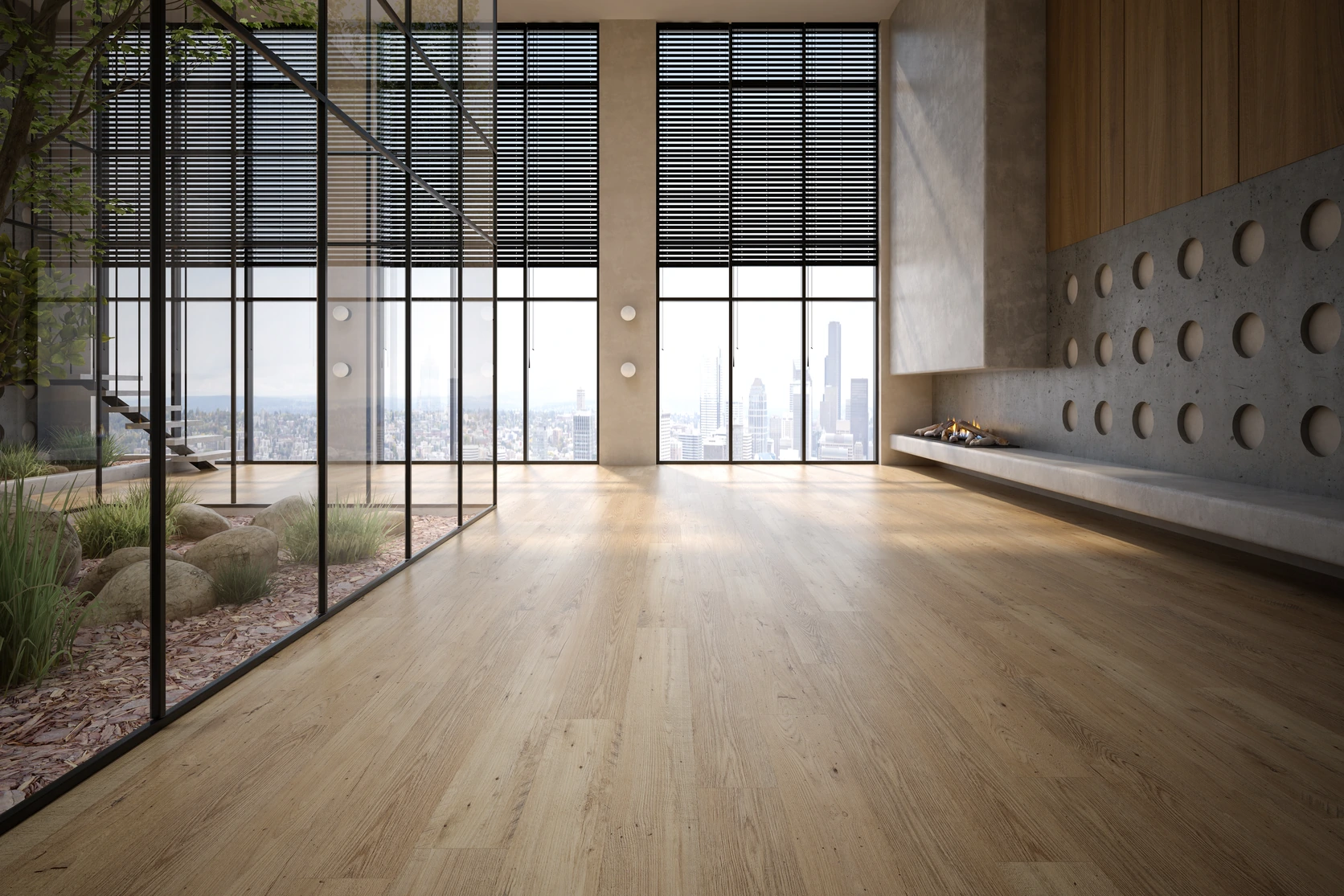 Wood look vinyl flooring in a room with floor-to-ceiling windows onto a garden