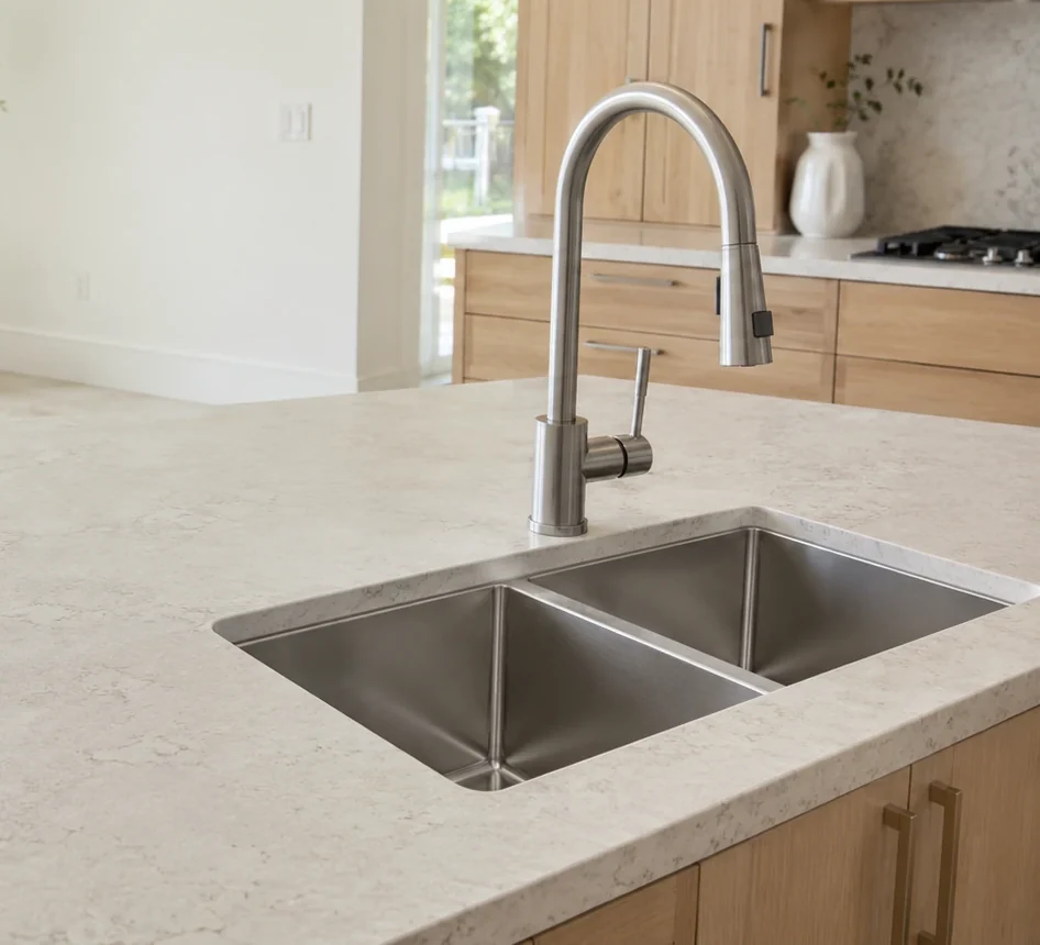 Stainless double bowl sink in the pale island of an open kitchen
