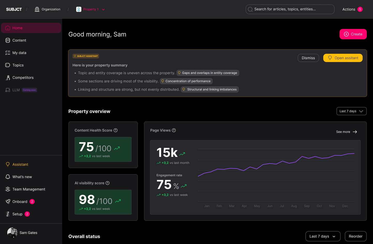 SUBJCT dashboard showing content health score, AI visibility score and page views
