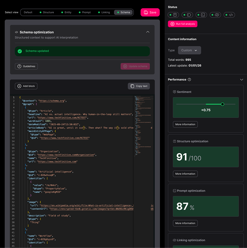 Schema optimisation with generated JSON-LD markup