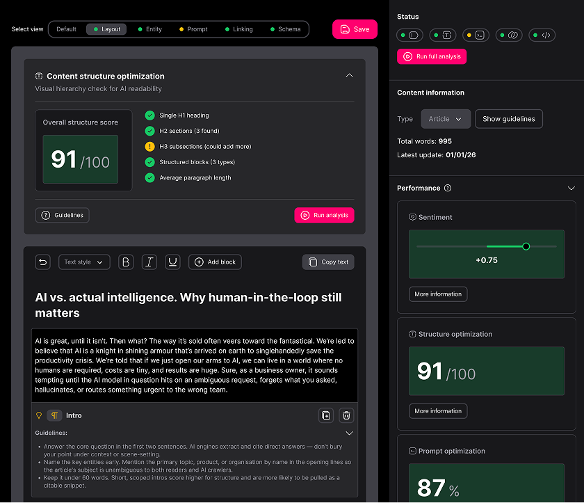 Content structure optimisation scoring in the SUBJCT editor