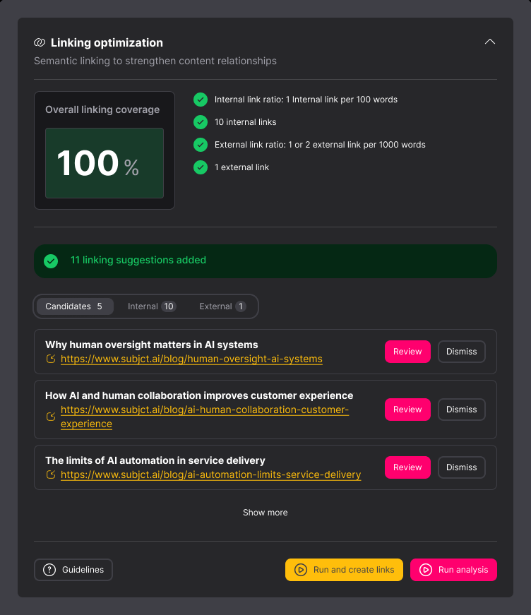 Internal links created inside the content