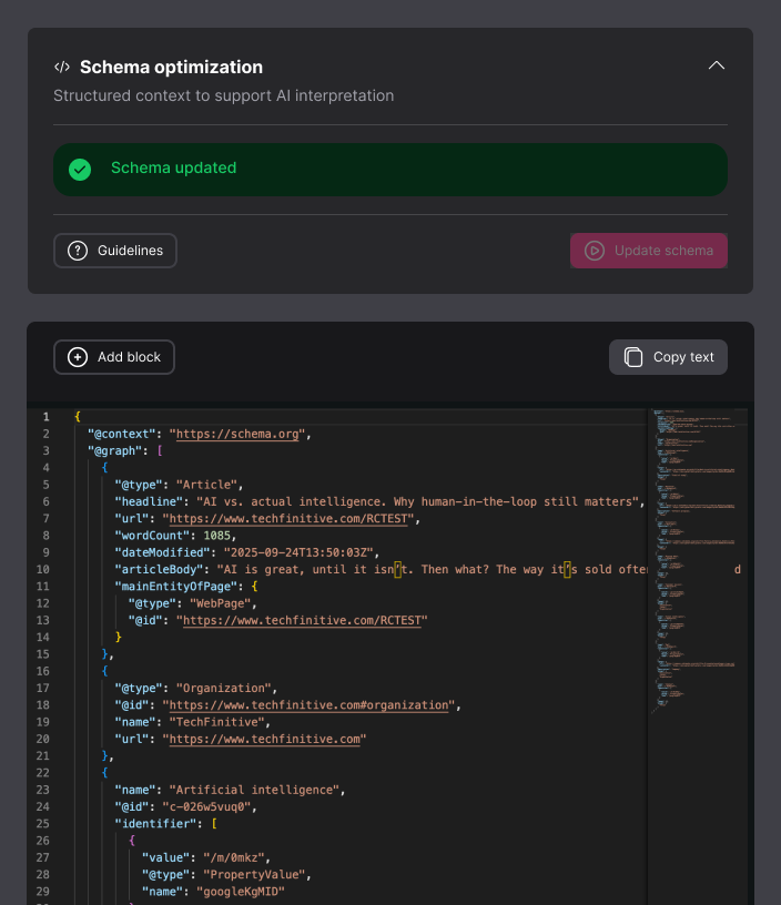 Schema JSON-LD generated in the editor