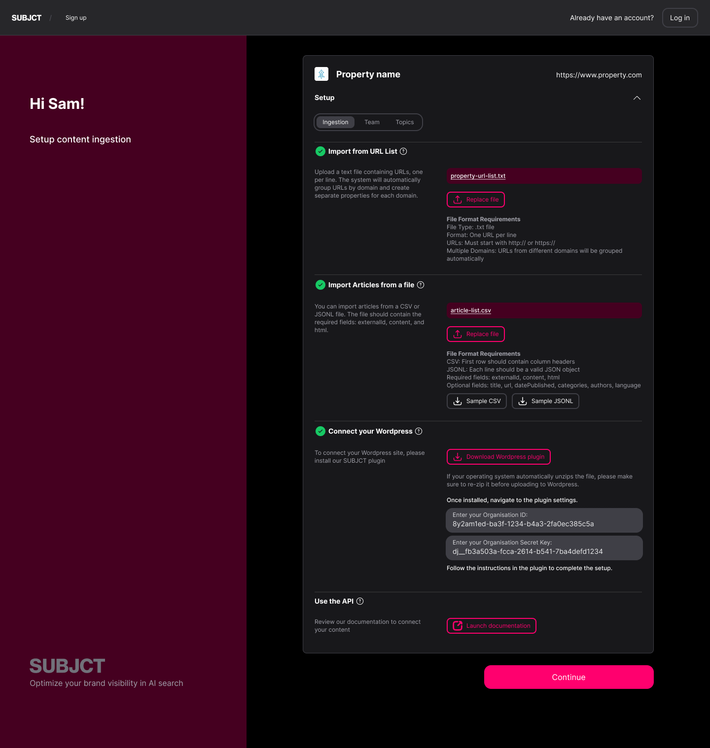 Property ingestion in the SUBJCT web app