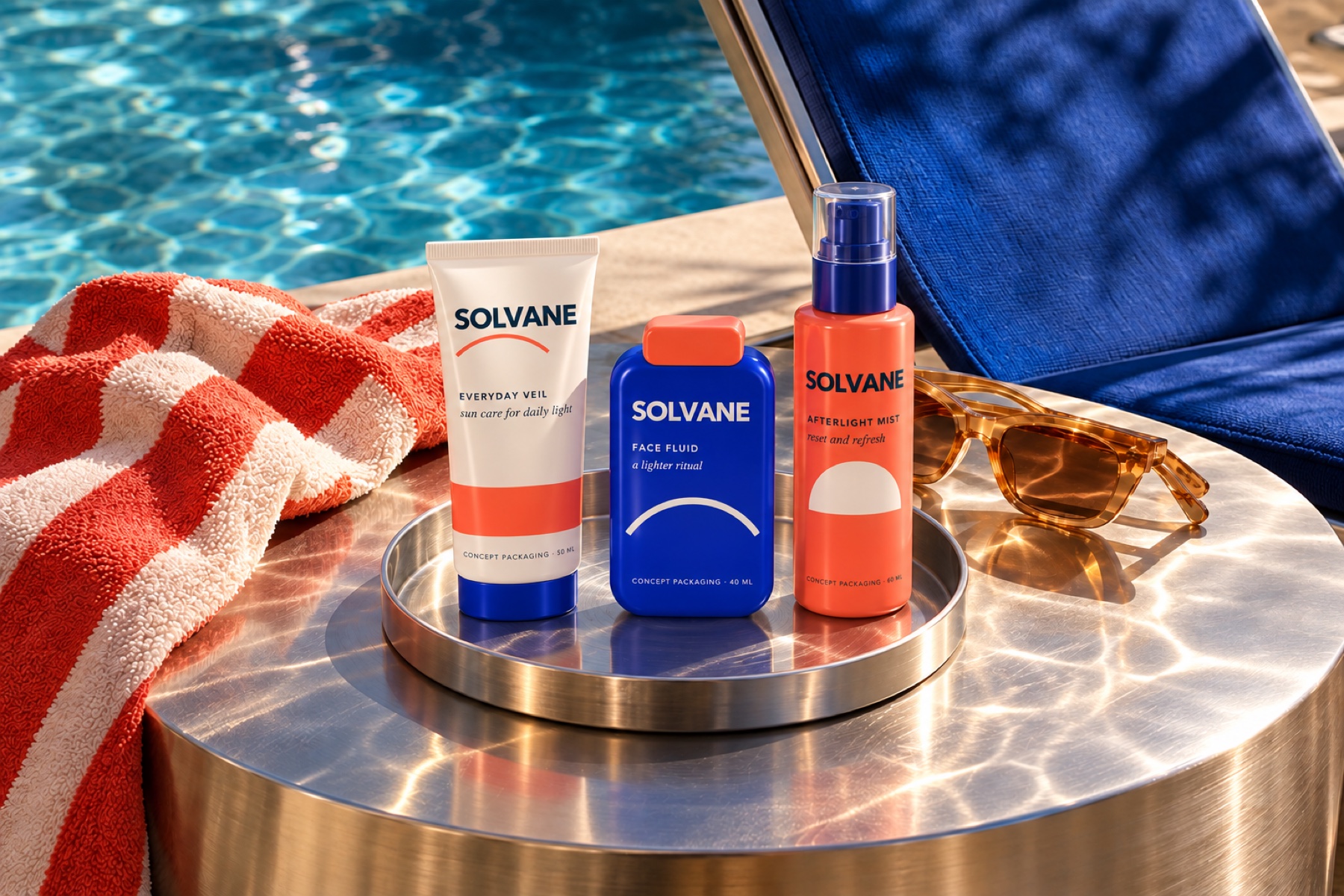 Concept de packaging SOLVANE dans une campagne au bord d’une piscine