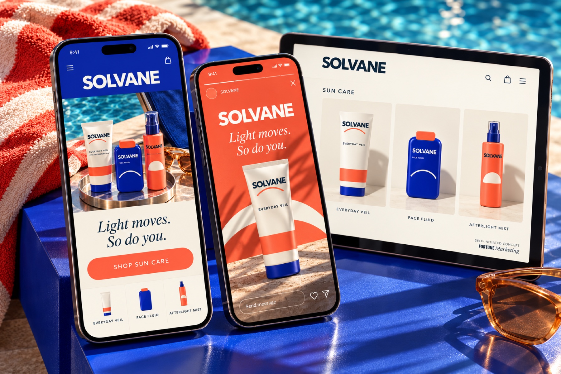 Maquetas de campaña digital y web SOLVANE, de iniciativa propia, en teléfonos y una tableta