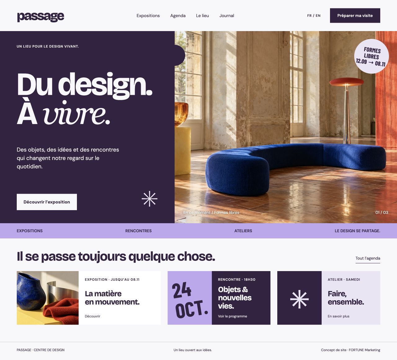 Concept de site web PASSAGE réalisé à notre initiative, avec des images d’exposition et un programme d’événements de design