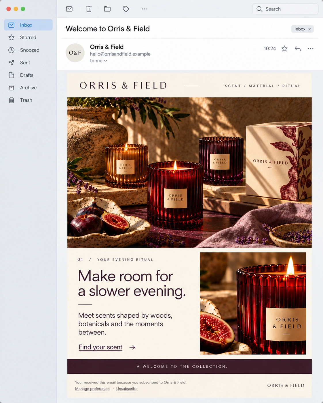 Aperçu d’un email de bienvenue d’Orris & Field avec objet, expéditeur, photographie de bougies, courte introduction et lien de désinscription en pied de page