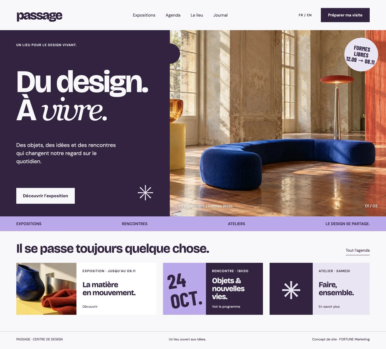 Diseño web de Passage con un logotipo destacado, una paleta ciruela y lavanda, una fotografía de exposición y tarjetas editoriales.