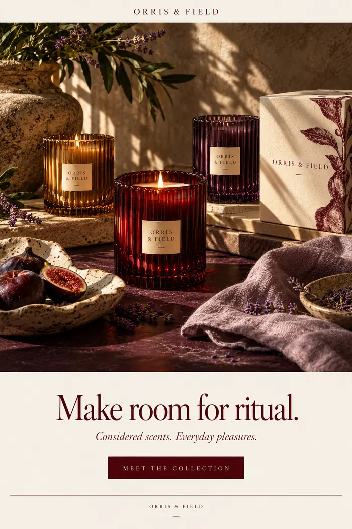 Velas Orris & Field en vasos estriados de color ámbar y burdeos, junto a envases botánicos, higos y lavanda.