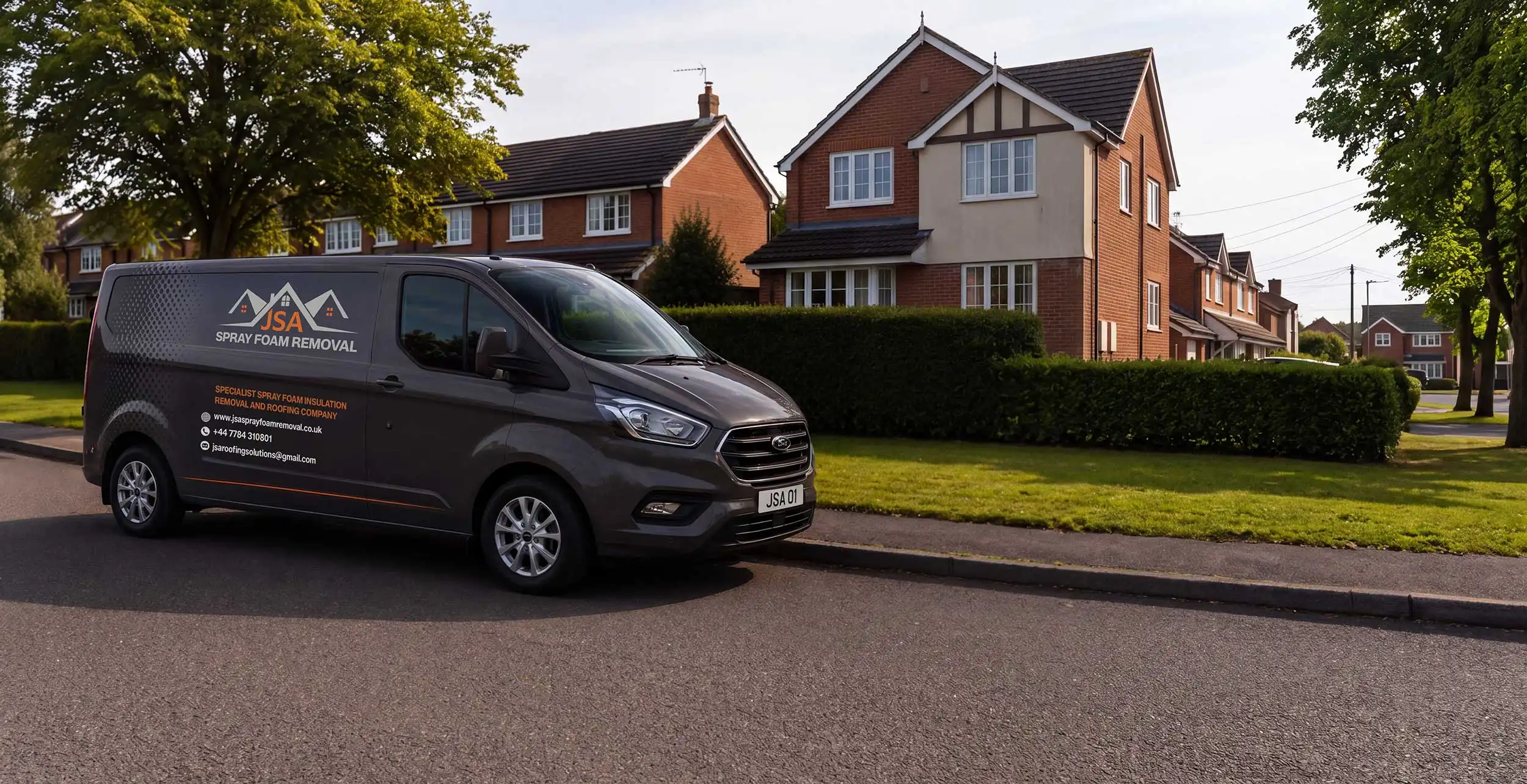JSA Spray Foam Removal branded charcoal grey service van for spray foam insulation removal and roofing services in the UK