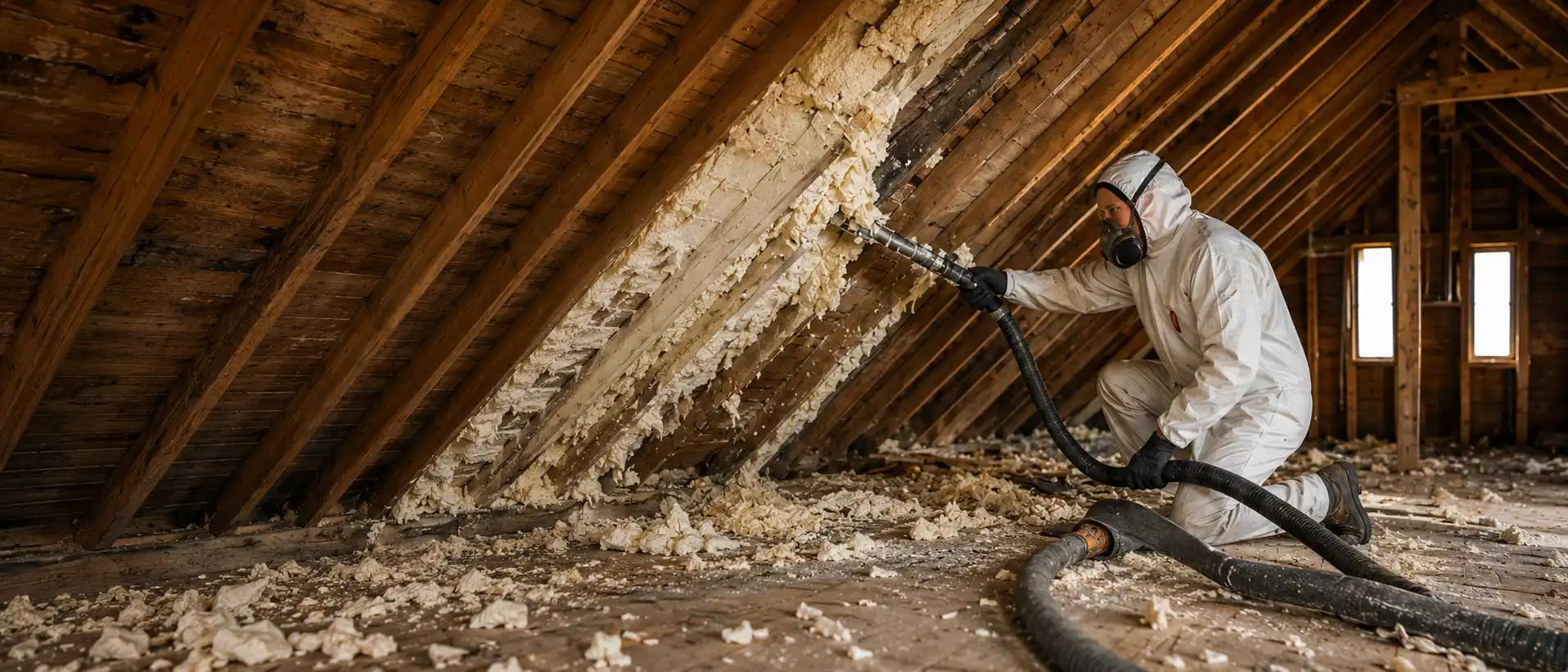 Professional technician removing spray foam insulation from a residential loft using specialist vacuum equipment