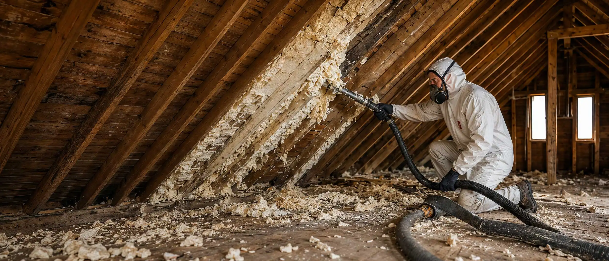 Professional technician removing spray foam insulation from a residential loft using specialist vacuum equipment