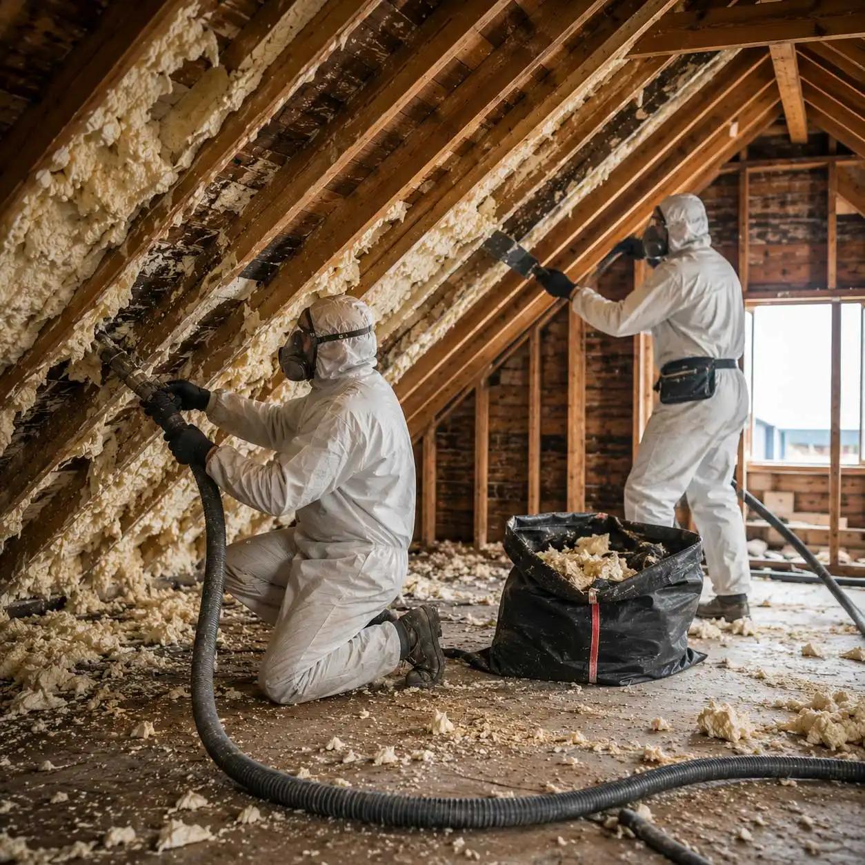 Professional technicians removing spray foam insulation from residential loft roof rafters using specialist extraction equipment