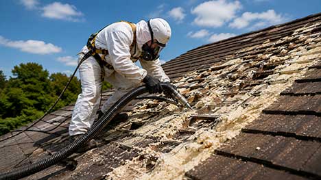 Roof spray foam removal specialist removing insulation from roof rafters and roof structure