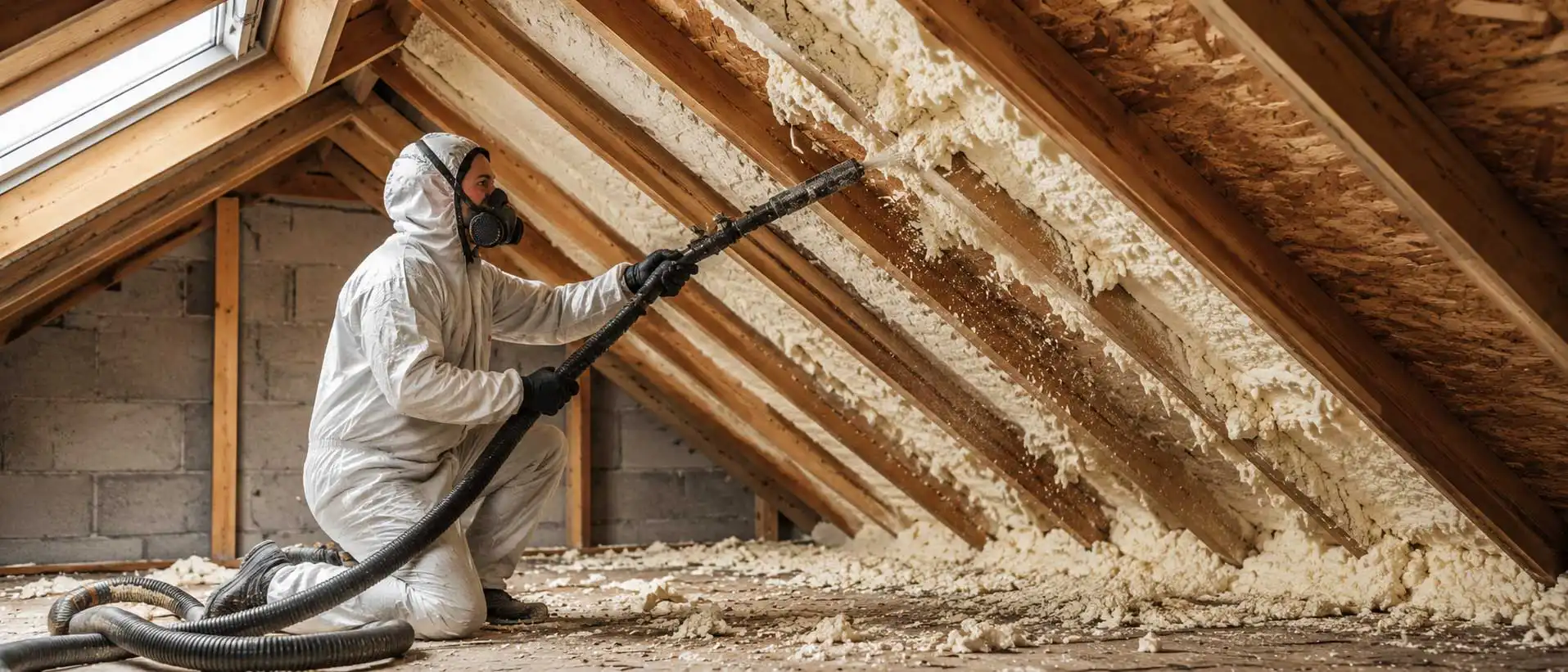 Professional technician removing spray foam insulation from roof rafters in a residential loft using specialist extraction equipment