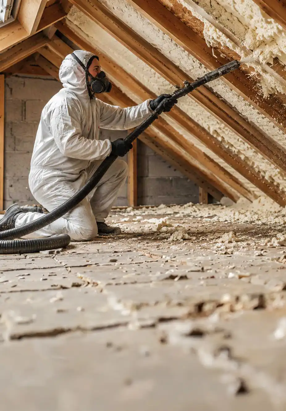 Professional technician removing spray foam insulation from roof rafters in a residential loft using specialist extraction equipment