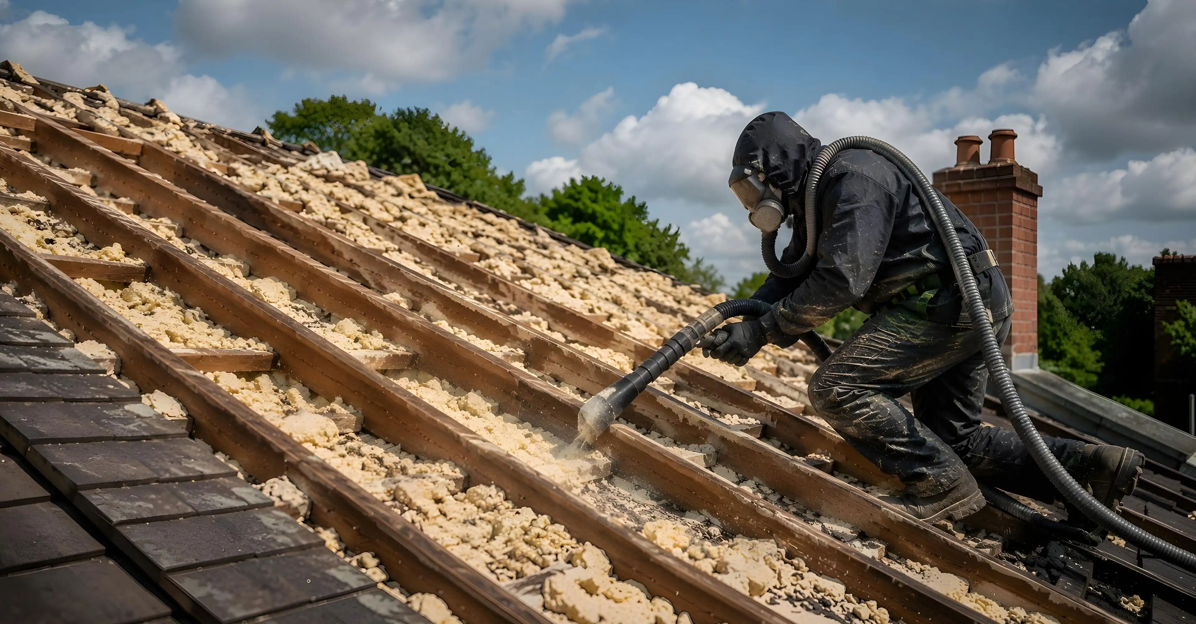Spray foam insulation removal using vacuum on roof rafters by technician in protective gear
