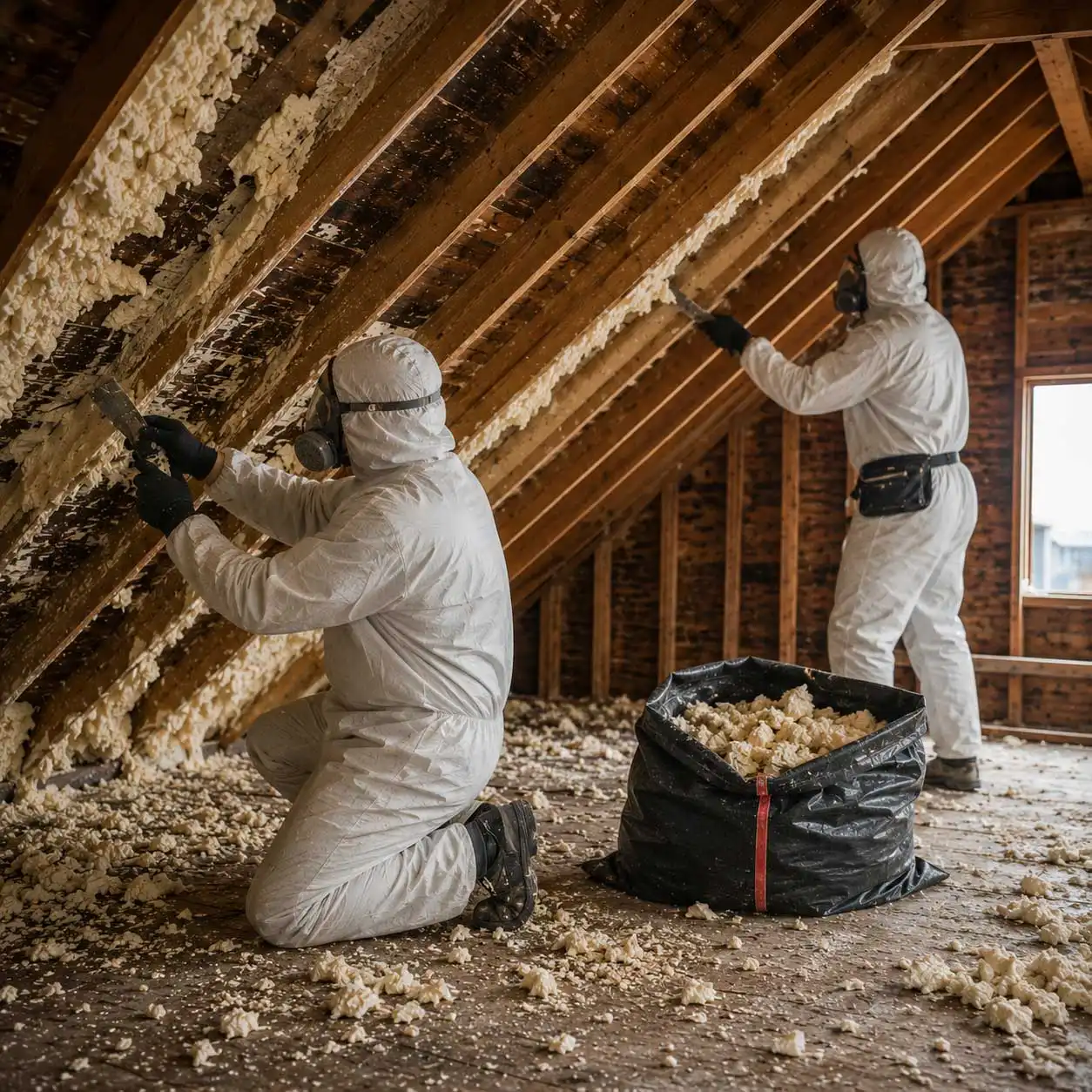 Attic spray foam removal in progress, with two workers in full protective suits manually scraping insulation from exposed wooden rafters, debris scattered across the floor and collected in a large bag.