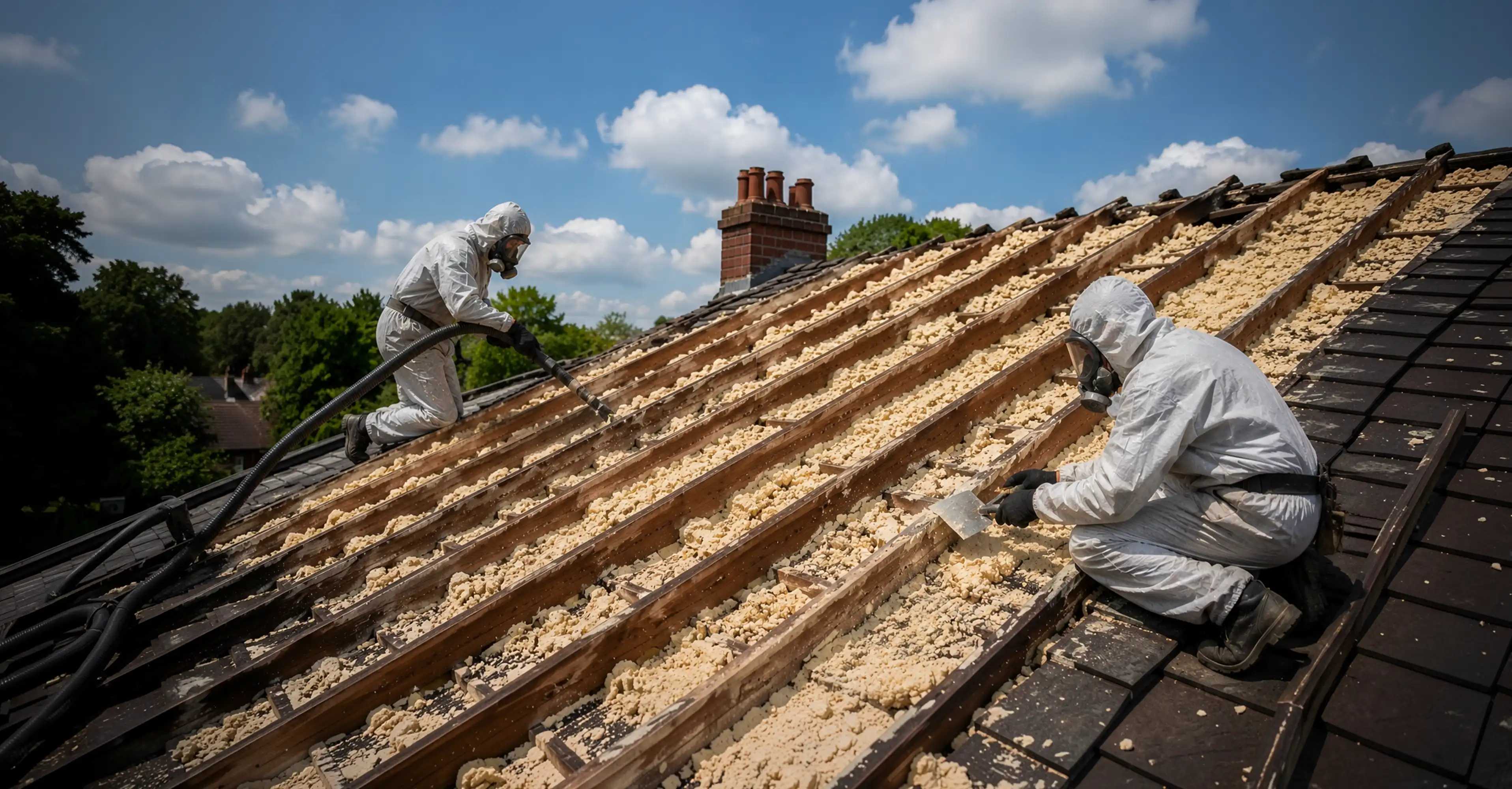 Two workers in protective suits removing spray foam insulation from a pitched roof, one using a vacuum hose and the other manually scraping foam from exposed timber rafters under clear sky.