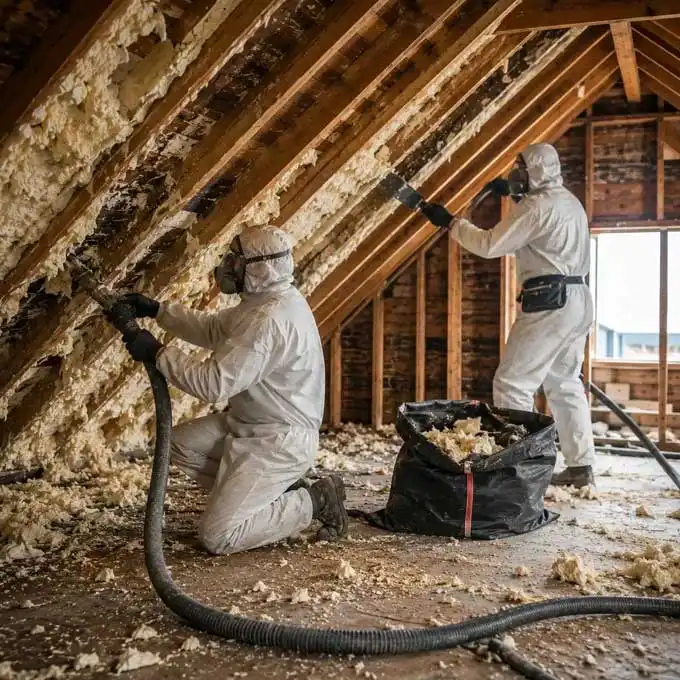 Professional technicians removing spray foam insulation from residential loft roof rafters using specialist extraction equipment