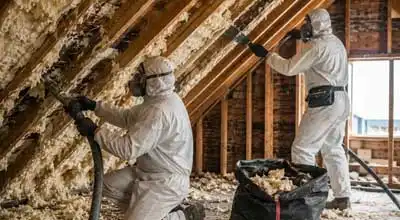 Professional technicians removing spray foam insulation from residential loft roof rafters using specialist extraction equipment