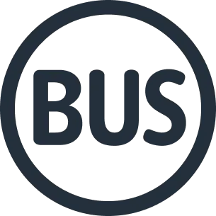 Pictogramme rond gris foncé avec l'inscription BUS, contour discret