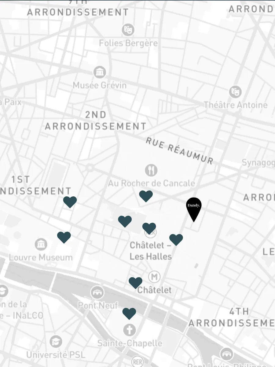 Plan épuré du 1er arrondissement de Paris repérant le Dandy Hôtel près de Châtelet - Les Halles, avec points de cœur signalant les lieux d'intérêt