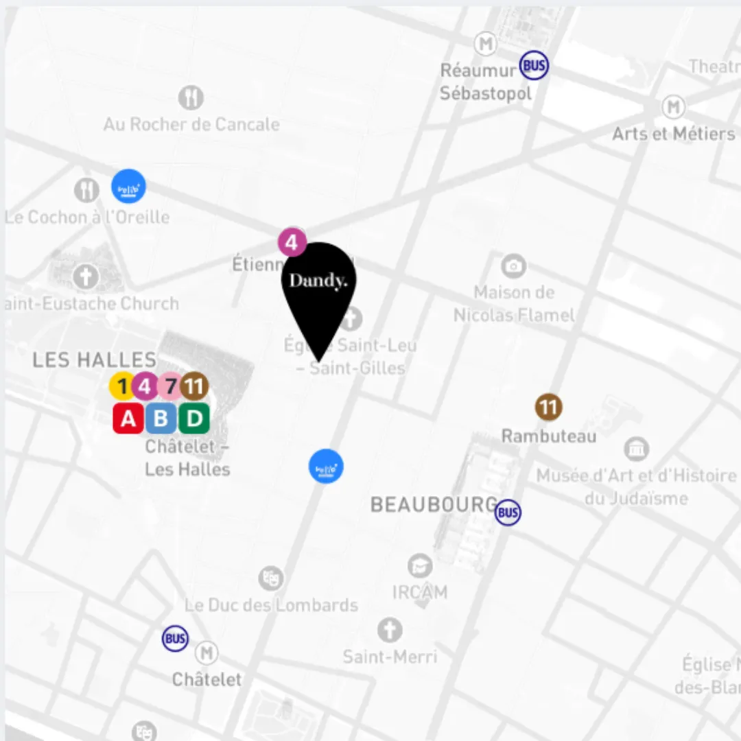 Carte montrant l'emplacement de Dandy près de l'église Saint-Leu-Saint-Gilles à Paris, avec icônes des stations de métro Châtelet-Les Halles et Rambuteau, arrêts de bus, et points Vélib à proximité.