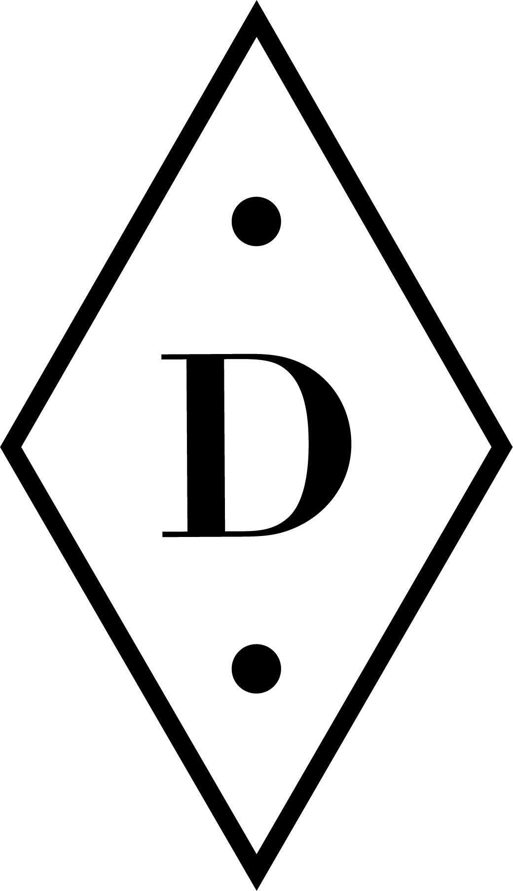 Monogramme noir en forme de losange avec la lettre majuscule D au centre et un point noir au-dessus et en dessous.