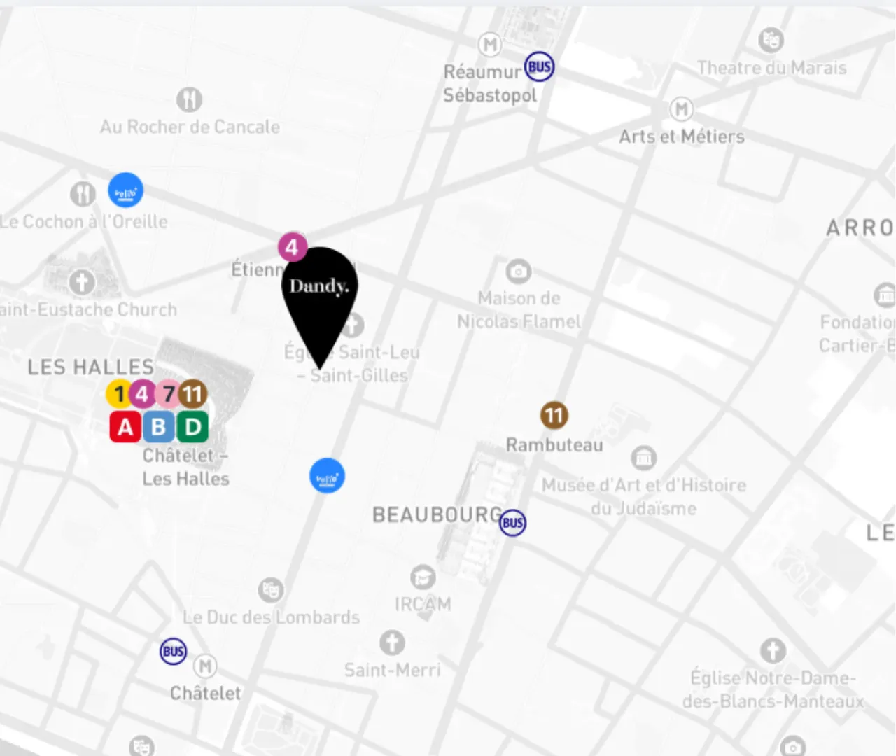 Carte du centre de Paris avec un repère noir indiquant l'emplacement de Dandy près d'Église Saint-Leu - Saint-Gilles, à proximité de stations de métro et bus dont Châtelet - Les Halles et Rambuteau.