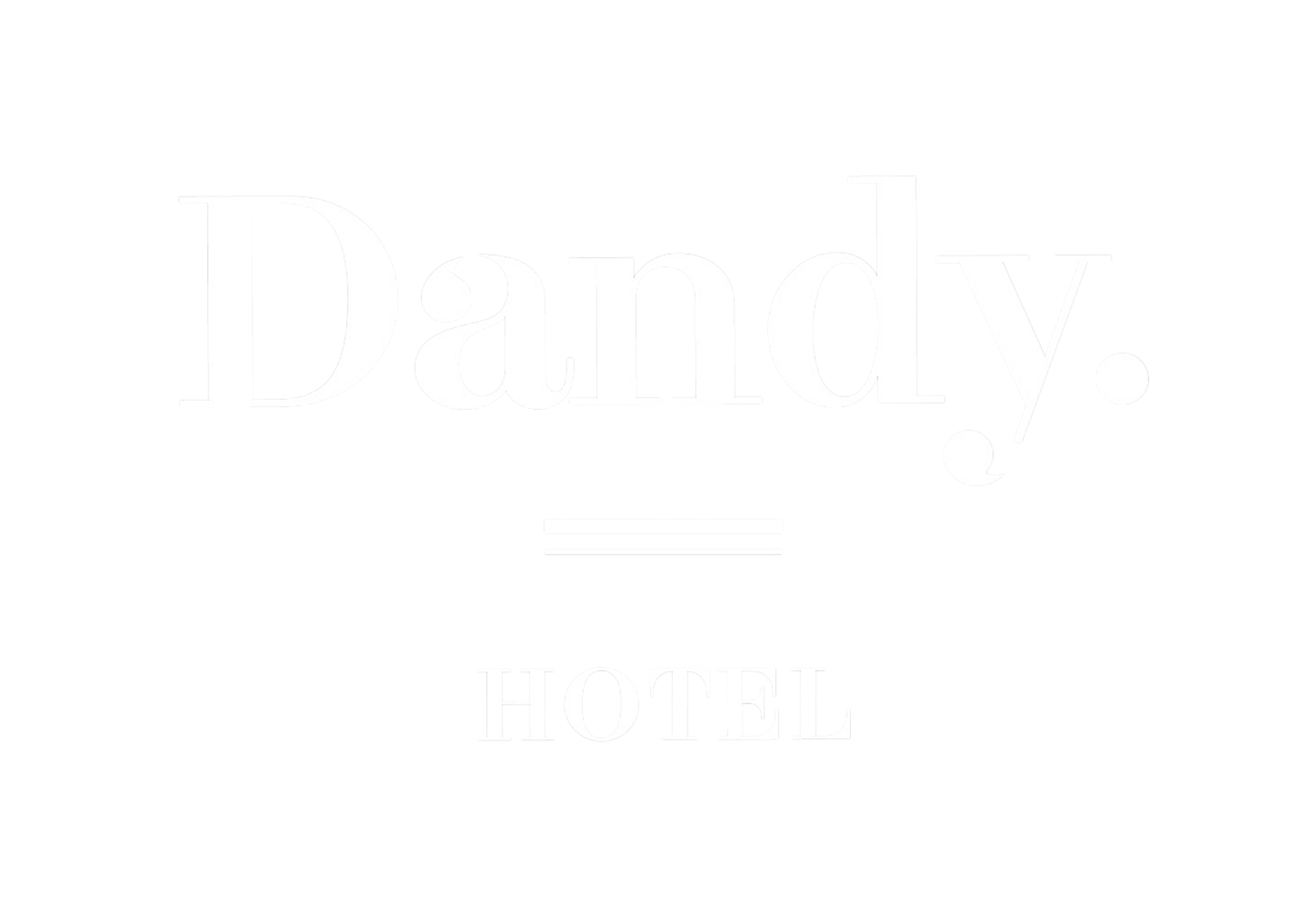 Logo blanc sur fond noir avec le texte 'Dandy.' au-dessus de deux lignes horizontales et le mot 'HOTEL' en dessous.