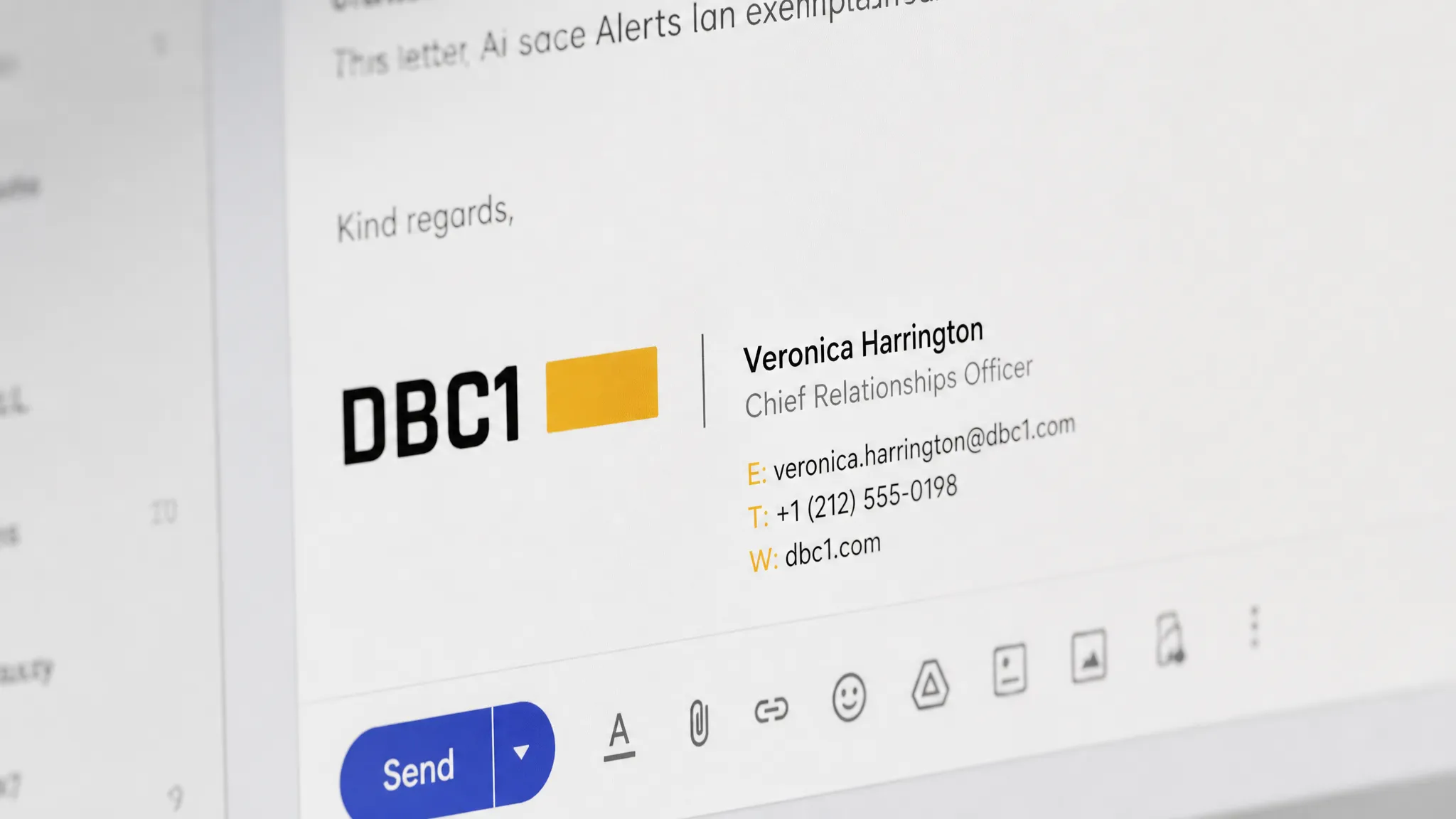Email client interface behind a branded signature overlay.
