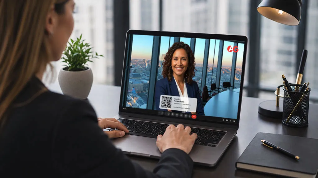 Video call with branded virtual background and personal QR code