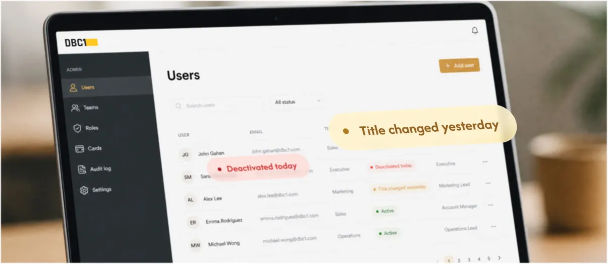 DBC1 admin panel - user list with lifecycle status badges