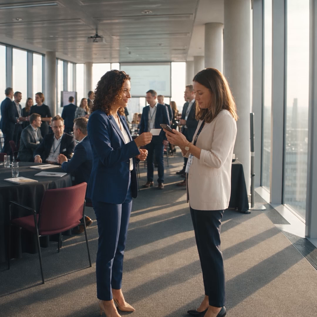 Two colleagues exchanging a business card at a corporate event, one saving the contact on her phone