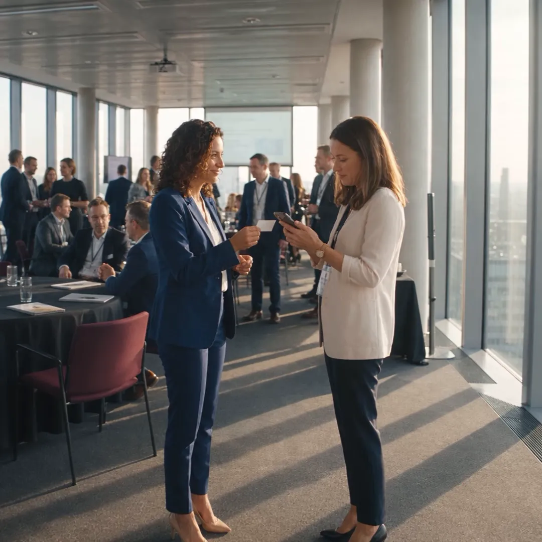 Two colleagues exchanging a business card at a corporate event, one saving the contact on her phone