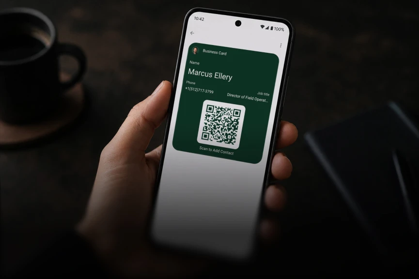 DBC1 digital business card in Google Wallet on an Android phone, showing a QR code