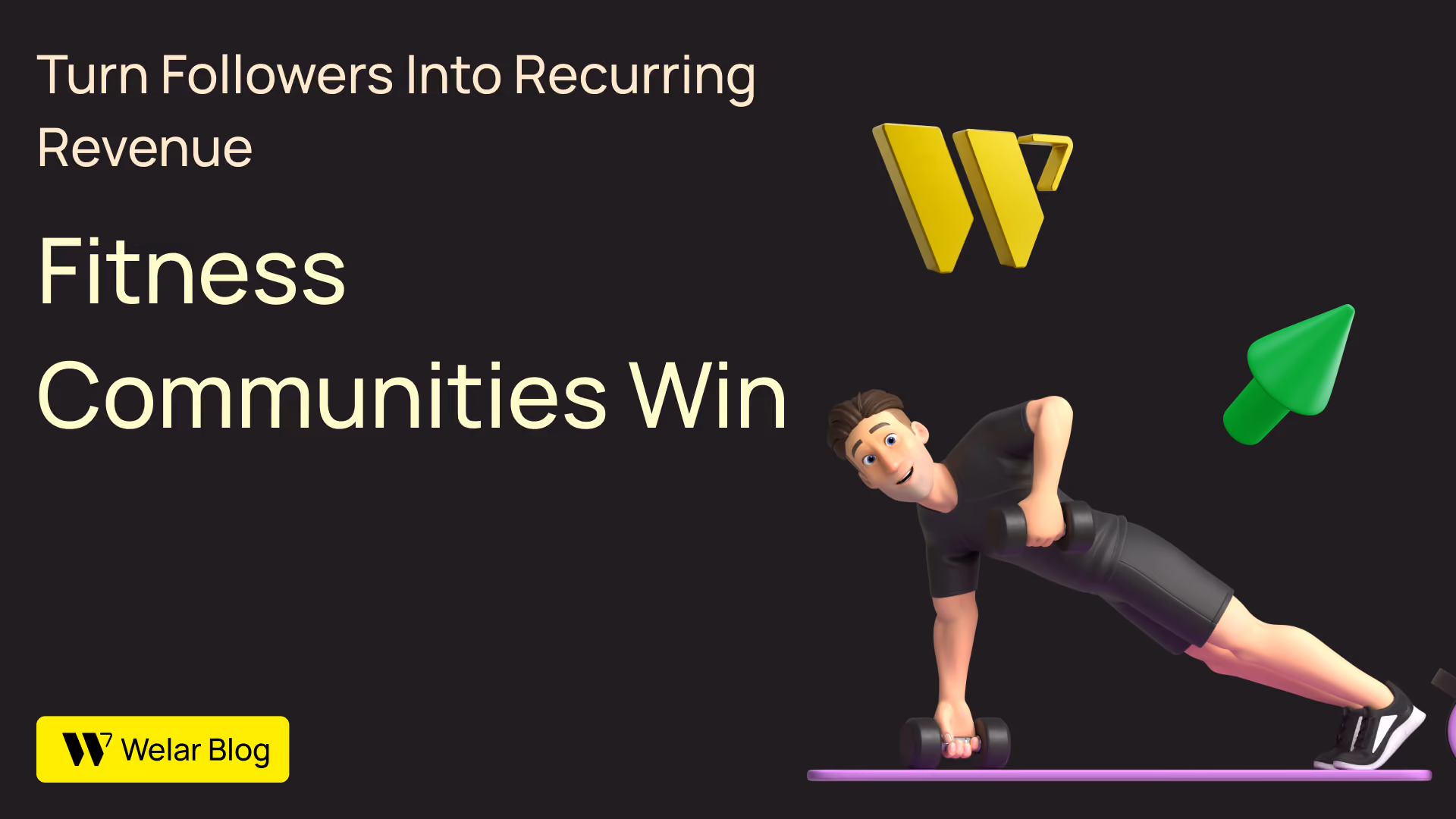 3D illustration of a fitness creator building a recurring revenue community with members, workouts, and subscription growth on Skool.
