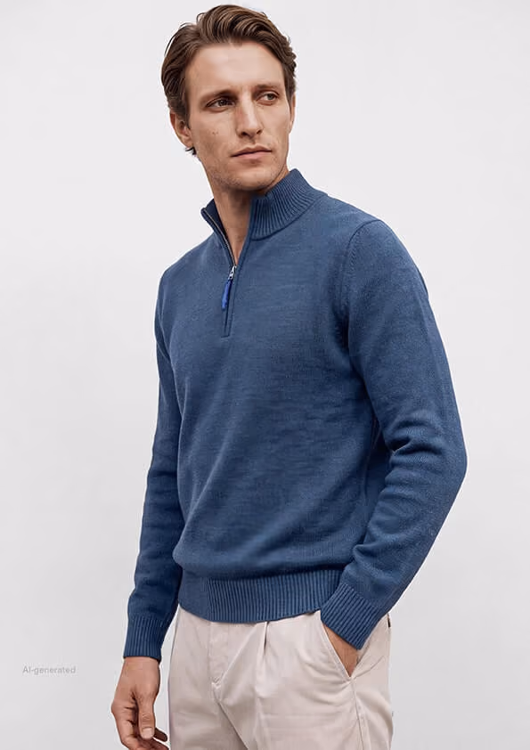 Maerz Muench Fall Winter Kollektion, blauer Pullover mit Zipper und hellbeige Hose