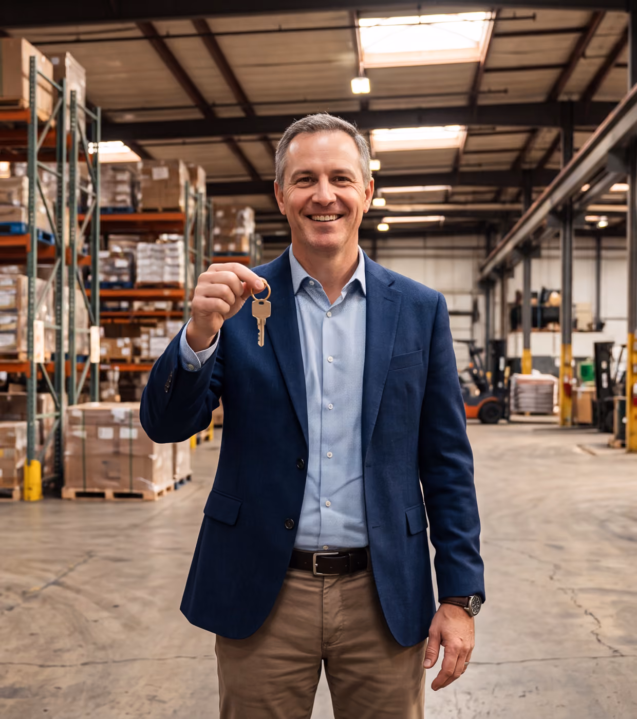 Business owner holding keys in a warehouse