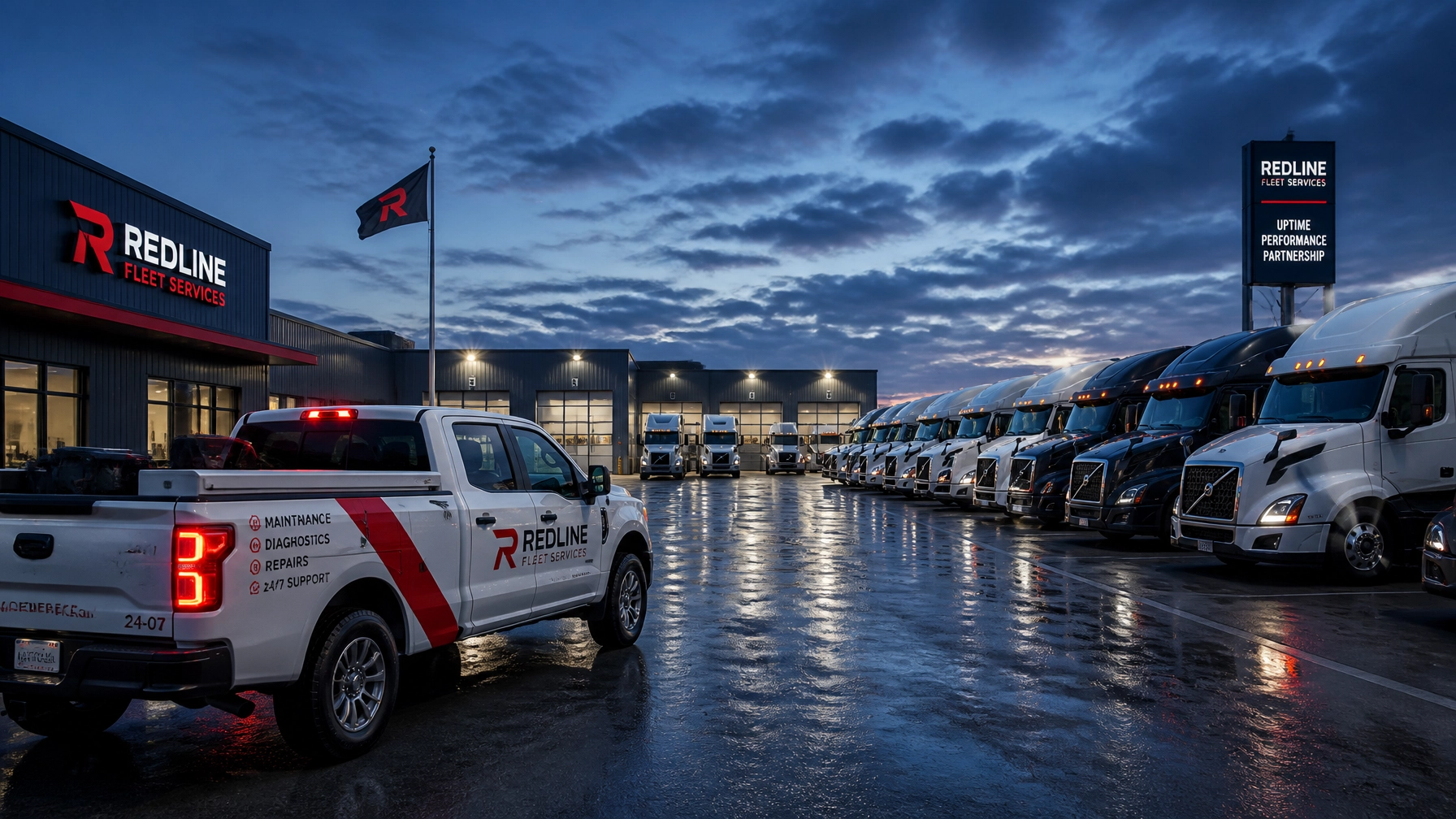 Organized fleet yard during blue hour
