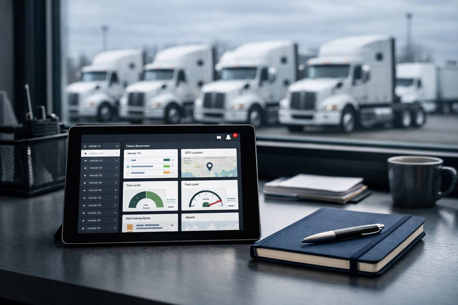 Fleet manager's digital dashboard on a tablet with semi-trucks visible in the yard background.