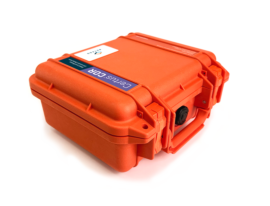 A 3/4 view of a Retego Certus COR case. It is a hardened bright orange field case with identifying labels.
