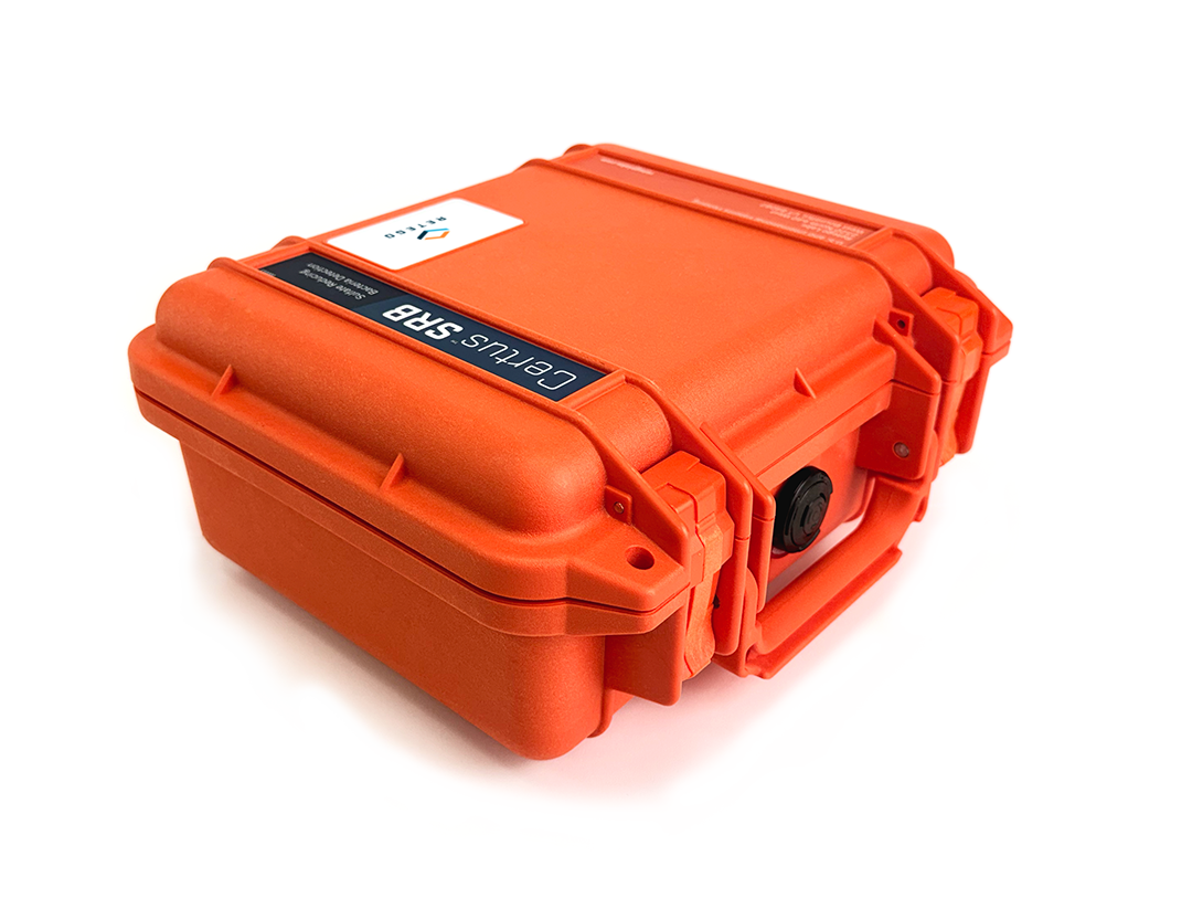 An aerial view of a Retego Certus SRB case. It is a hardened bright orange field case with identifying labels.