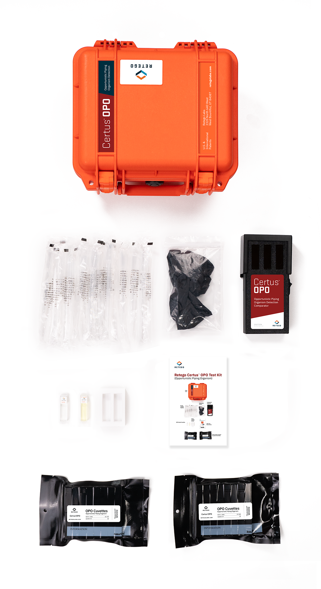 Contents of a Retego Certus OPO case laid out in a grid pattern. Featuring the hardened field case, sterile transfer pipettes, disposable gloves, OPO comparator, cuvette holder, instruction manual, and OPO cuvettes.